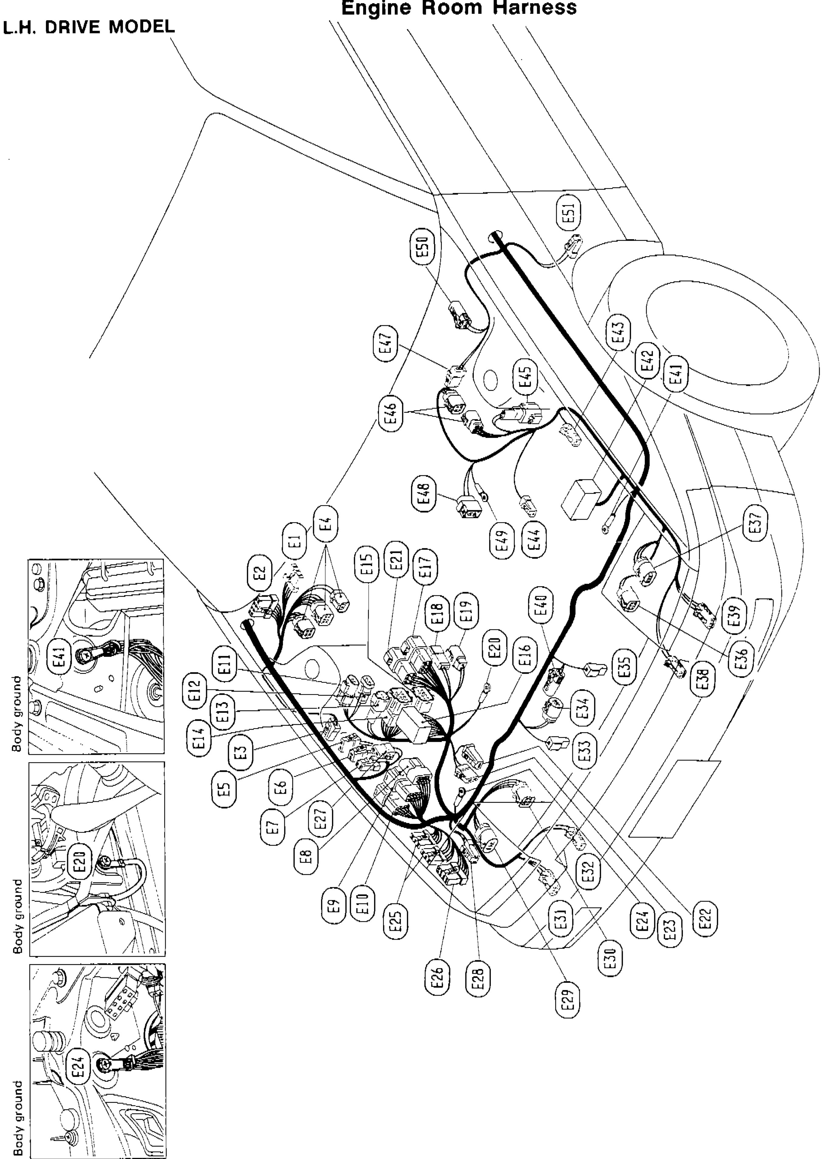 L.H.D. engine-room harness routing through the bay: connector callouts E1 through ~E59 covering battery + headlamps + horn + washer/wiper + relay box + sensors. Three body-ground insets along the left edge show physical grounding locations near the rad support / strut tower / battery tray.