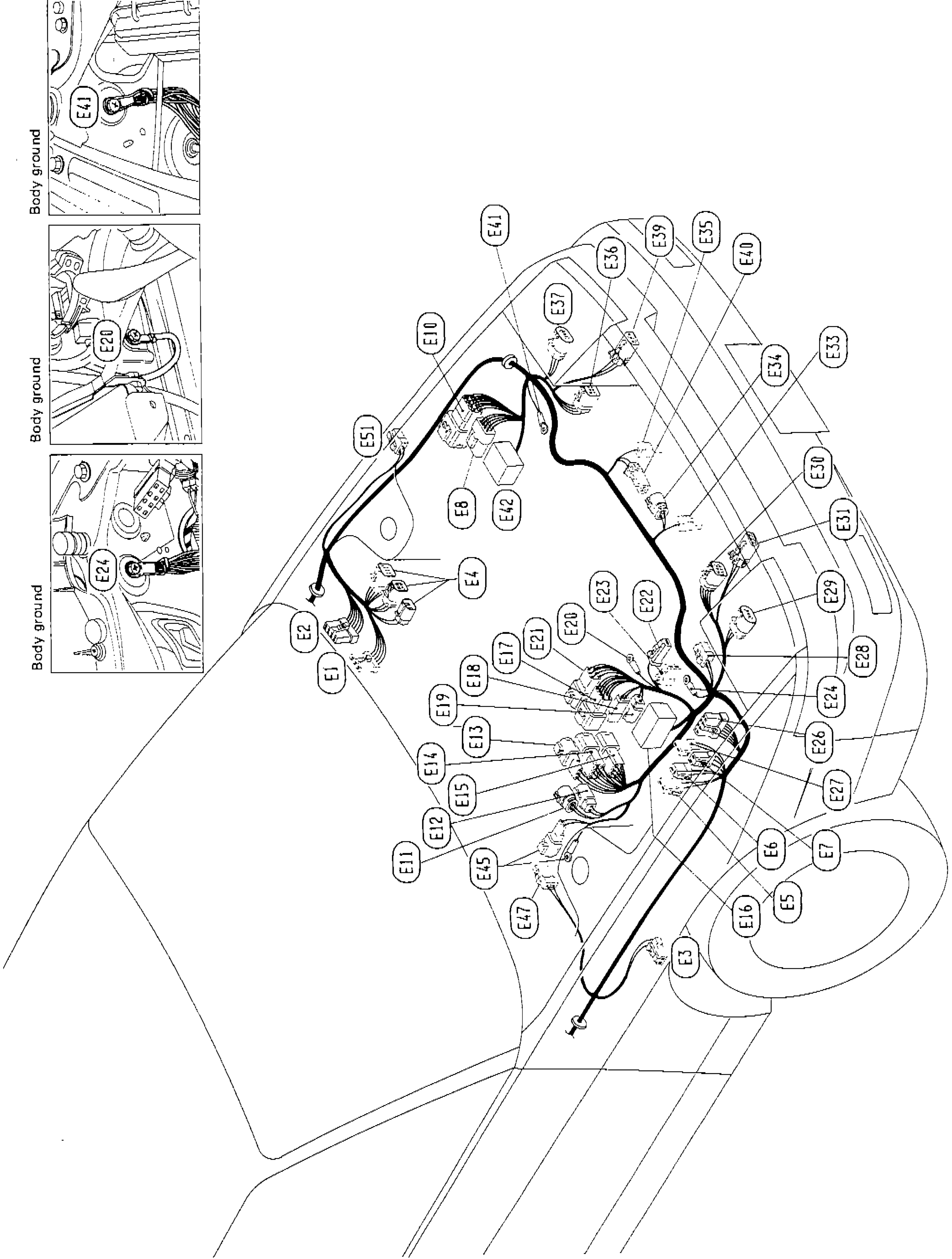 R.H.D. engine-room harness routing — mirror image of EL-94 with the same connector inventory (E1–E59) reorganised across the bay; three body-ground insets along the upper-left identify physical grounding locations.