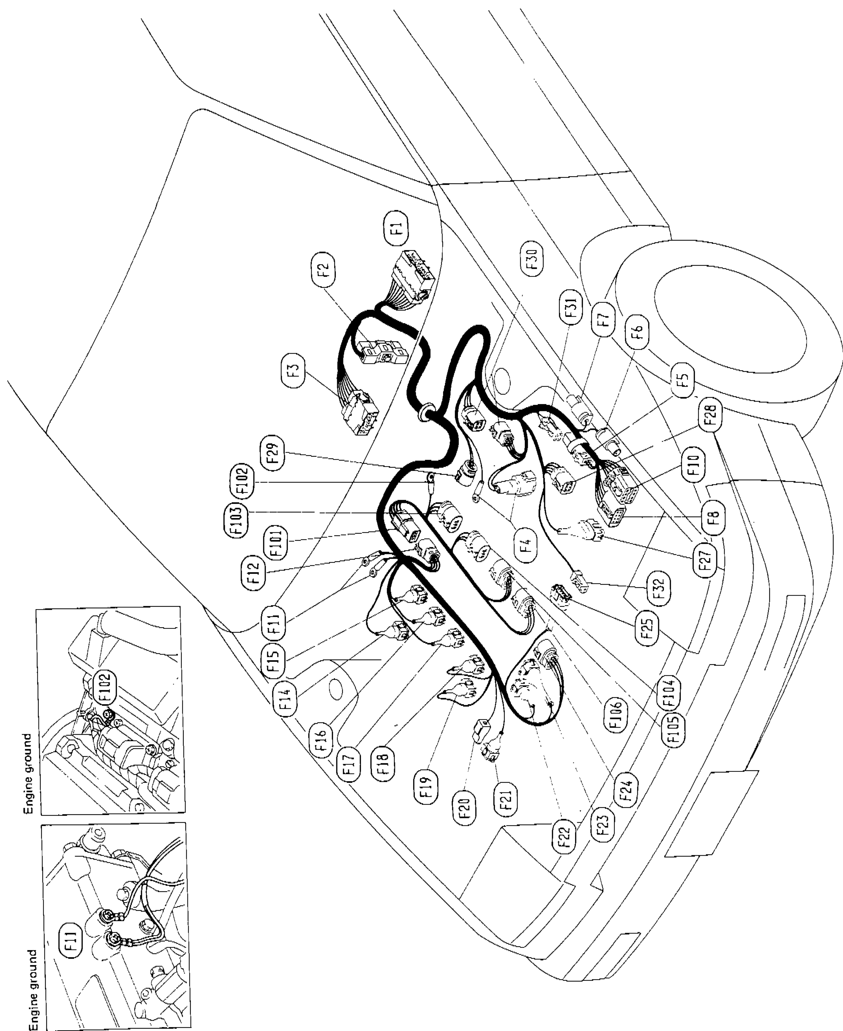 R.H.D. E.F.I. harness routing — mirror of EL-102 with the same connector inventory (F1–F32, F101–F106) reorganised across the bay; two engine-ground insets at the lower-left of the diagram show grounding locations.
